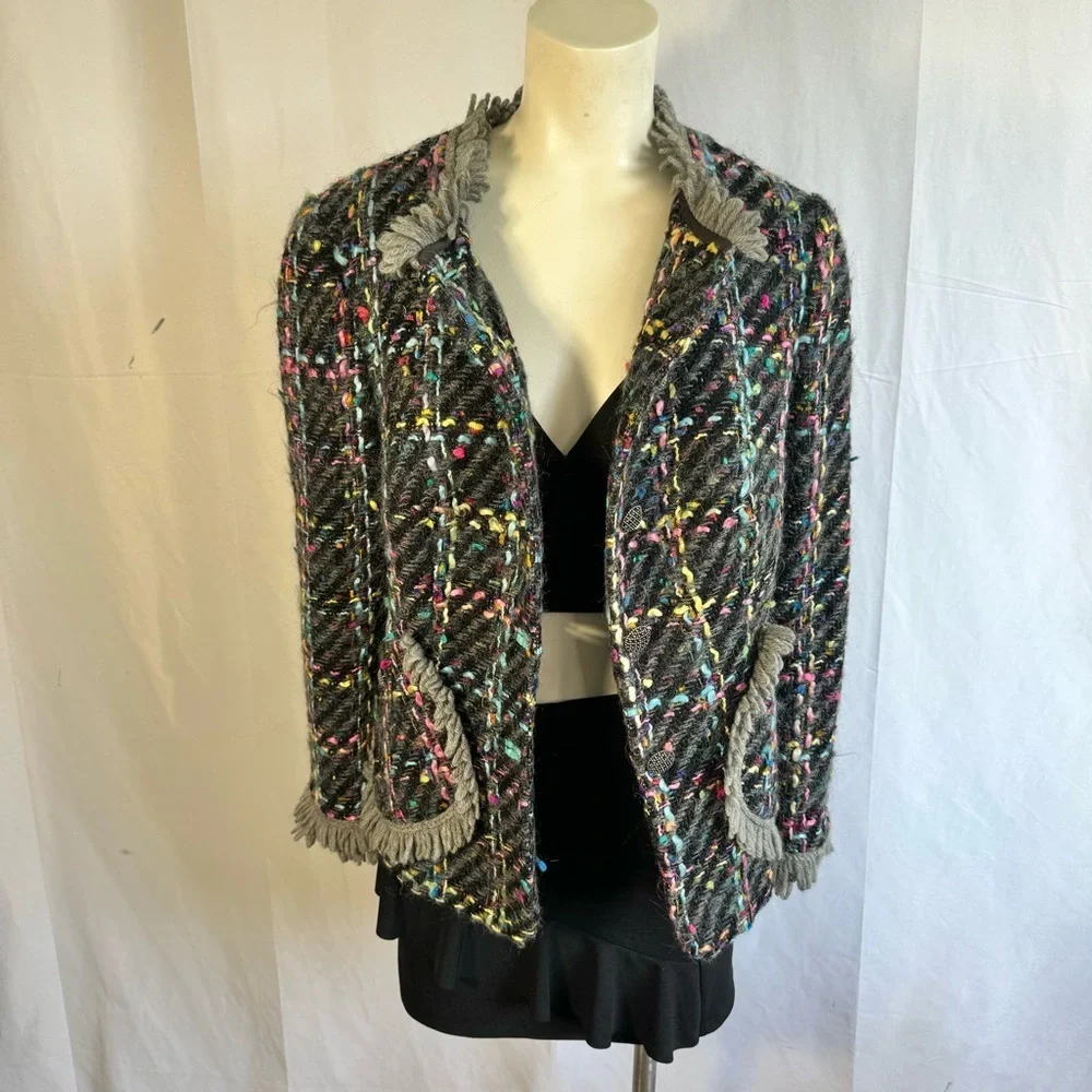 VINTAGE SINGLE BREAST BLAZER TWEED MULTICOLORE WOOL WOMEN SIZE SMALL - Picture 5 of 15